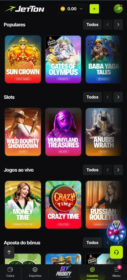 Lobby de jogos da Jetton com as fileiras Populares, Slots, Jogos ao vivo e Aposta do bônus